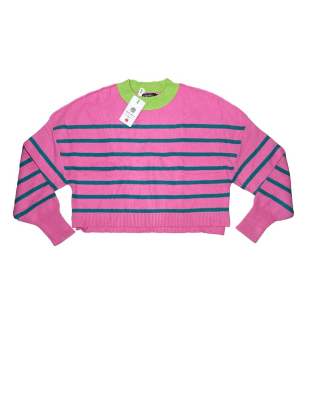 Merokeety Crop Top Pink Teal Striped Long Sleeve Large